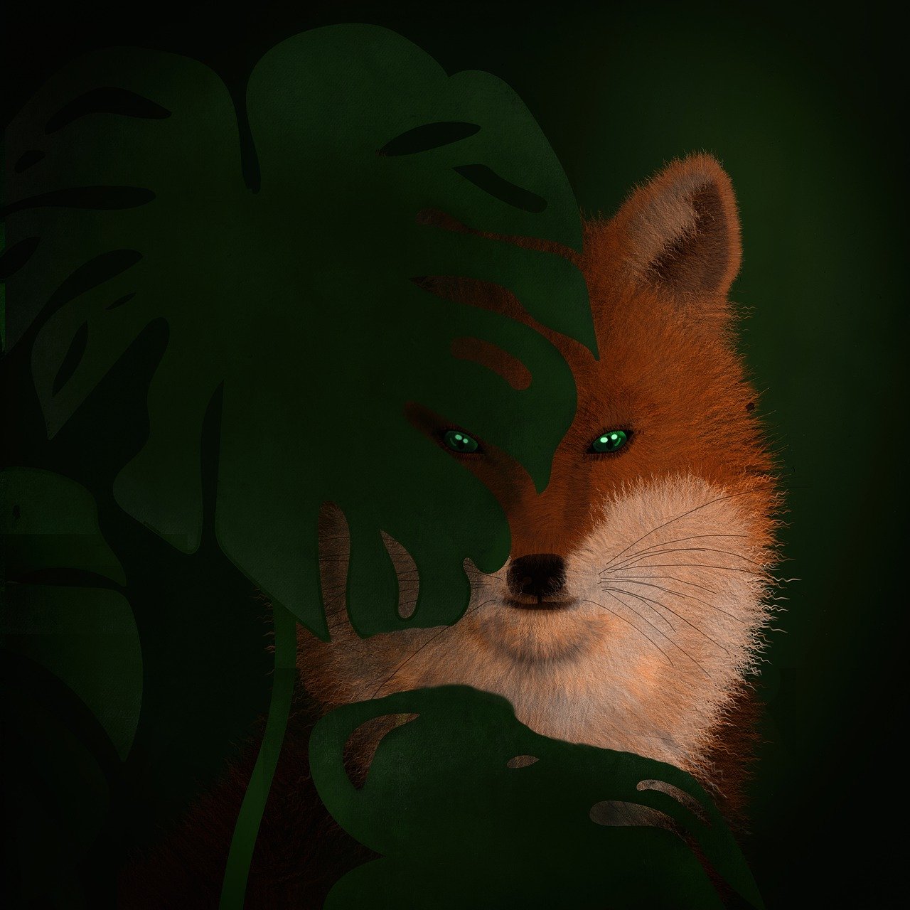 fox, animal, predator, monstera, wild, nature, mammal, forest, dark, drawing, background, design, fox, fox, fox, fox, fox